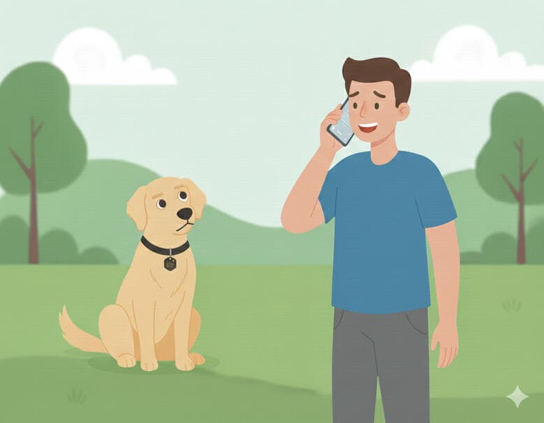 Ragazzo al telefono con il suo cane dopo la scansione patME