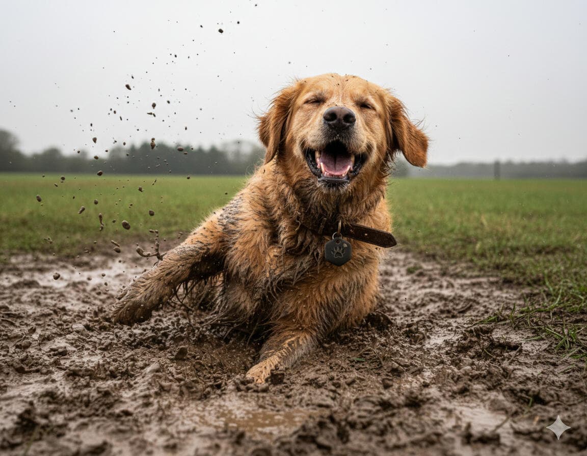 Golden retriever nel fango con tag patME